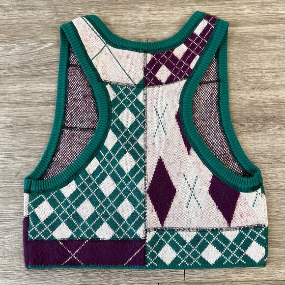 Free People Camilla Button Down Vest Plum Pine Combo Argyle Plaid Print (Sz S) - Picture 7 of 10